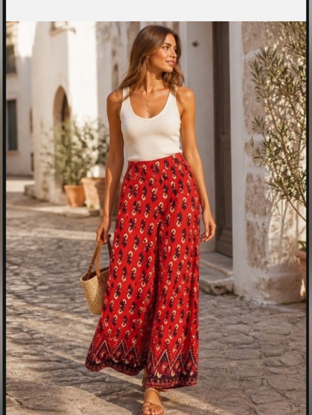 Free People Red Printed Wide-Leg Palazzo Pants